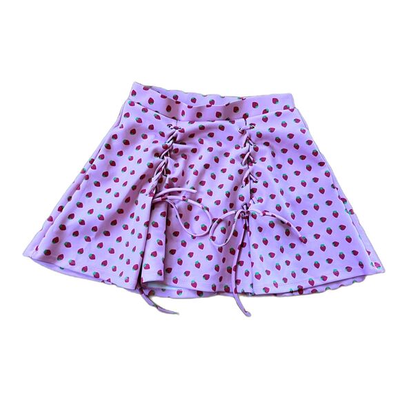 HOT TOPIC Pink Strawberry Lace Up Mini Roller Skirt    Women's Size Large - Picture 1 of 5